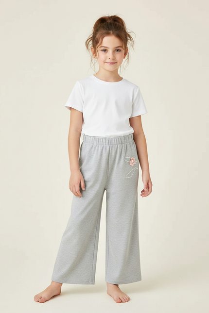 Pantalon Fluide Gris Ample Brodé Fille Doux - Molleton