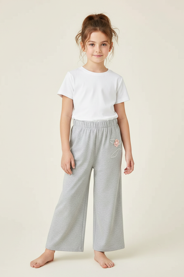 Pantalon Fluide Gris Ample Brodé Fille Doux - Molleton