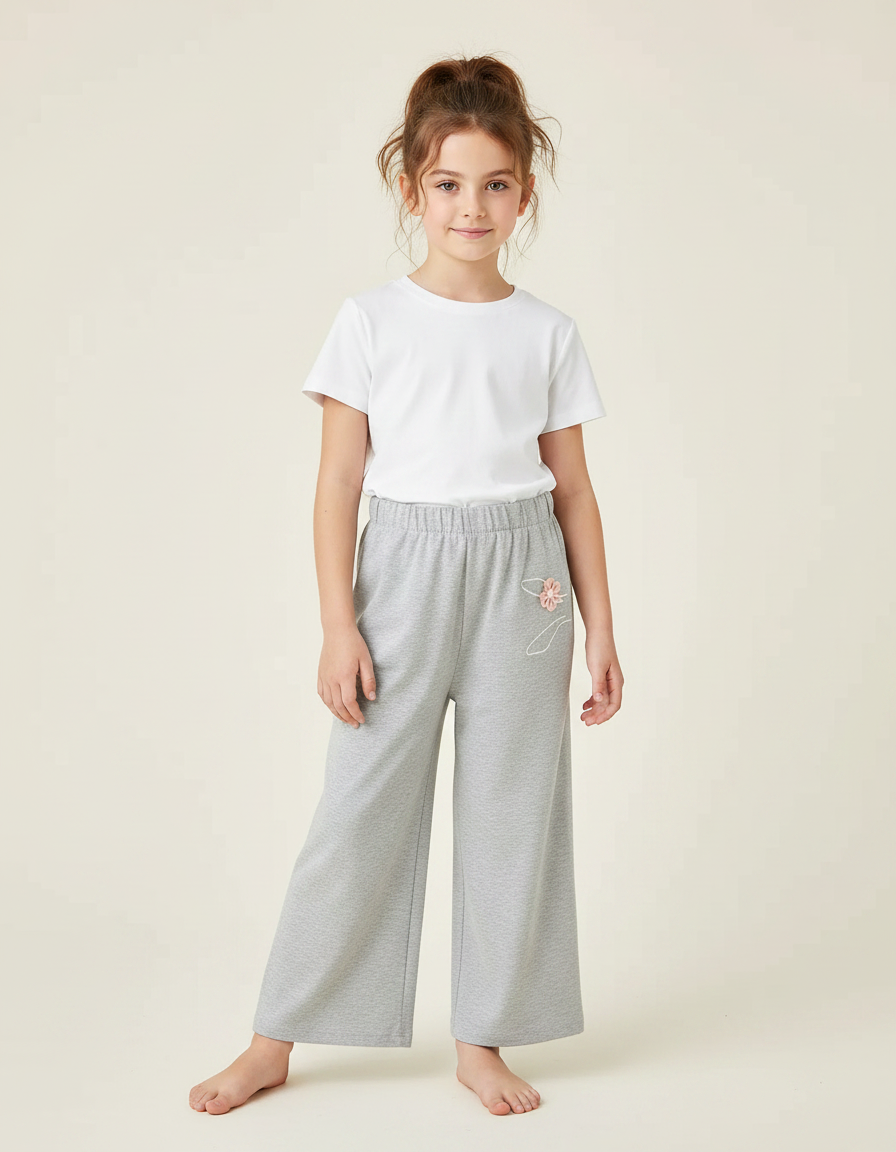 Pantalon Fluide Gris Ample Brodé Fille Doux - Molleton