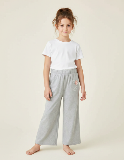Pantalon Fluide Gris Ample Brodé Fille Doux - Molleton
