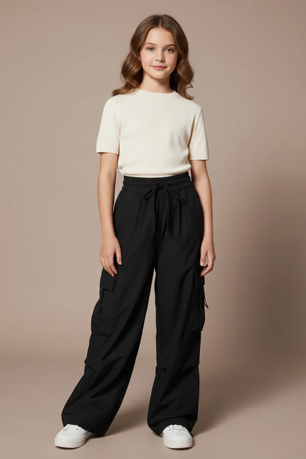 Pantalon Fluide Noir Cargo Ample Enfants Streetwear - Polyester