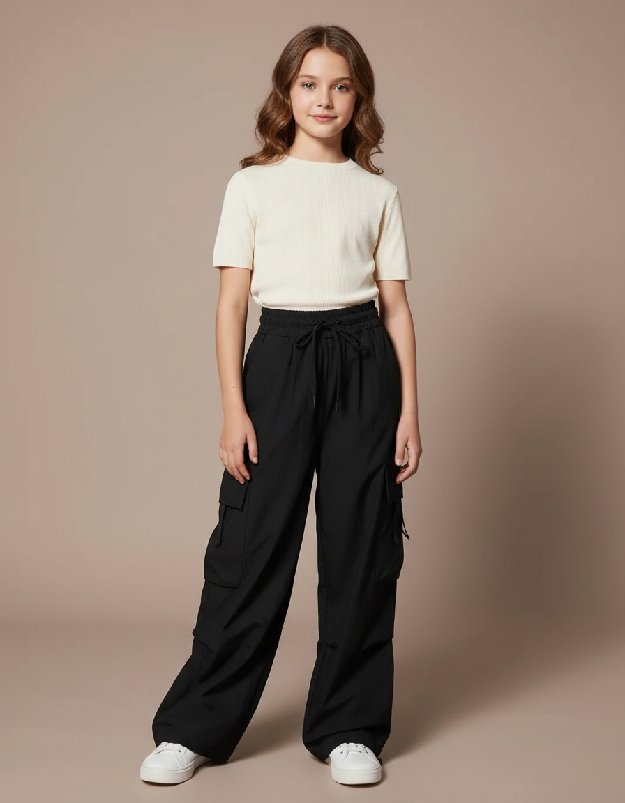 Pantalon Fluide Noir Cargo Ample Enfants Streetwear - Polyester