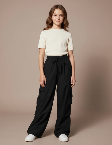 Pantalon Fluide Noir Cargo Ample Enfants Streetwear - Polyester