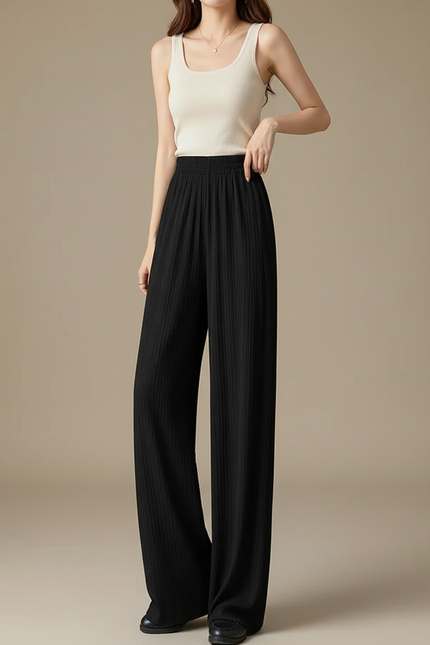 Pantalon Fluide Noir Plissé Ample Taille Haute - Polyester