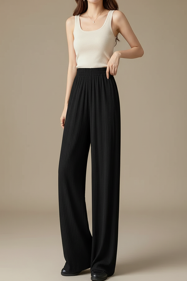 Pantalon Fluide Noir Plissé Ample Taille Haute - Polyester