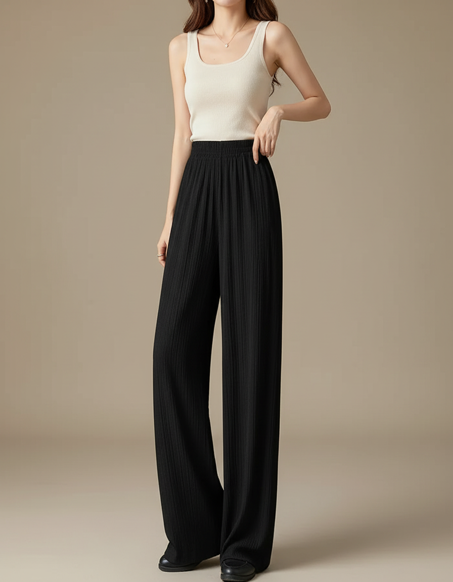 Pantalon Fluide Noir Plissé Ample Taille Haute - Polyester