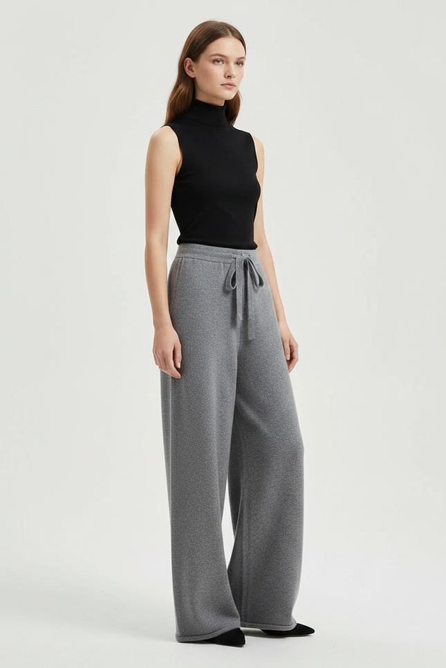 Pantalon Fluide Gris Ample Cordon Laine Mérinos