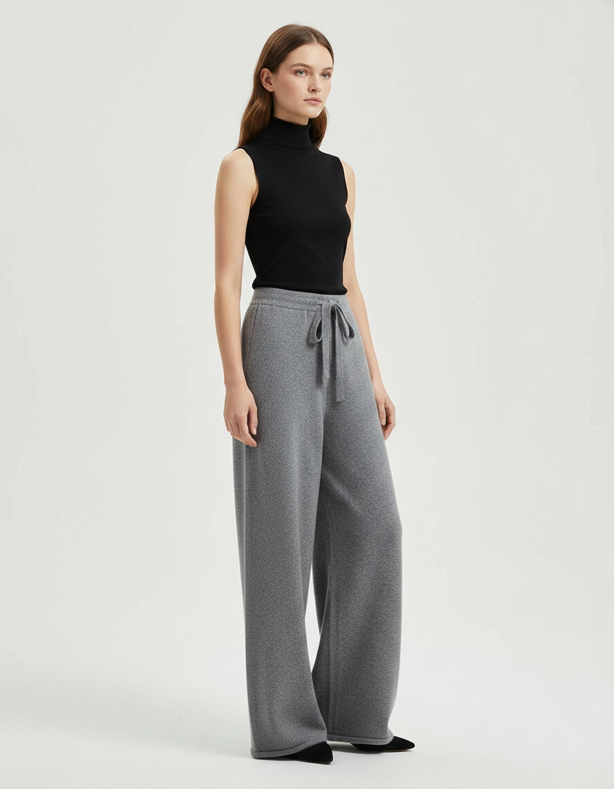 Pantalon Fluide Gris Ample Cordon Laine Mérinos