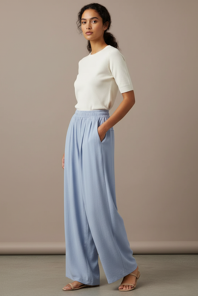Pantalon Fluide Bleu Ciel Ample Drapé Décontracté Léger - Viscose