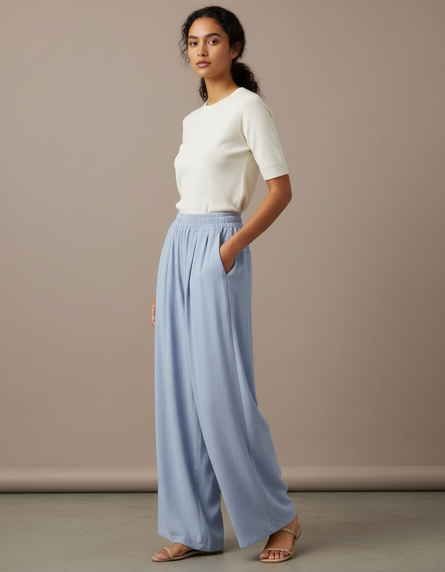Pantalon Fluide Bleu Ciel Ample Drapé Décontracté Léger - Viscose