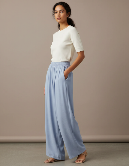 Pantalon Fluide Bleu Ciel Ample Drapé Décontracté Léger - Viscose