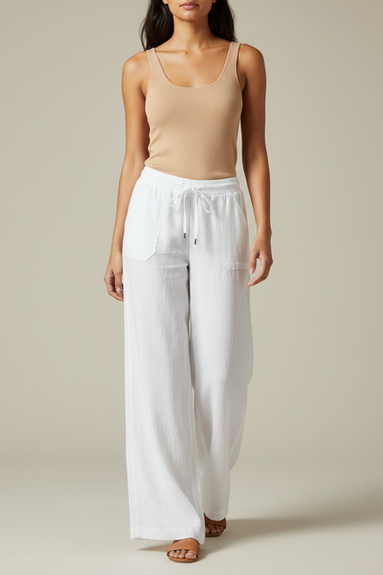 Pantalon Fluide Blanc Lin Ample Décontracté Confortable