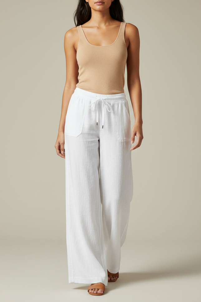Pantalon Fluide Blanc Lin Ample Décontracté Confortable