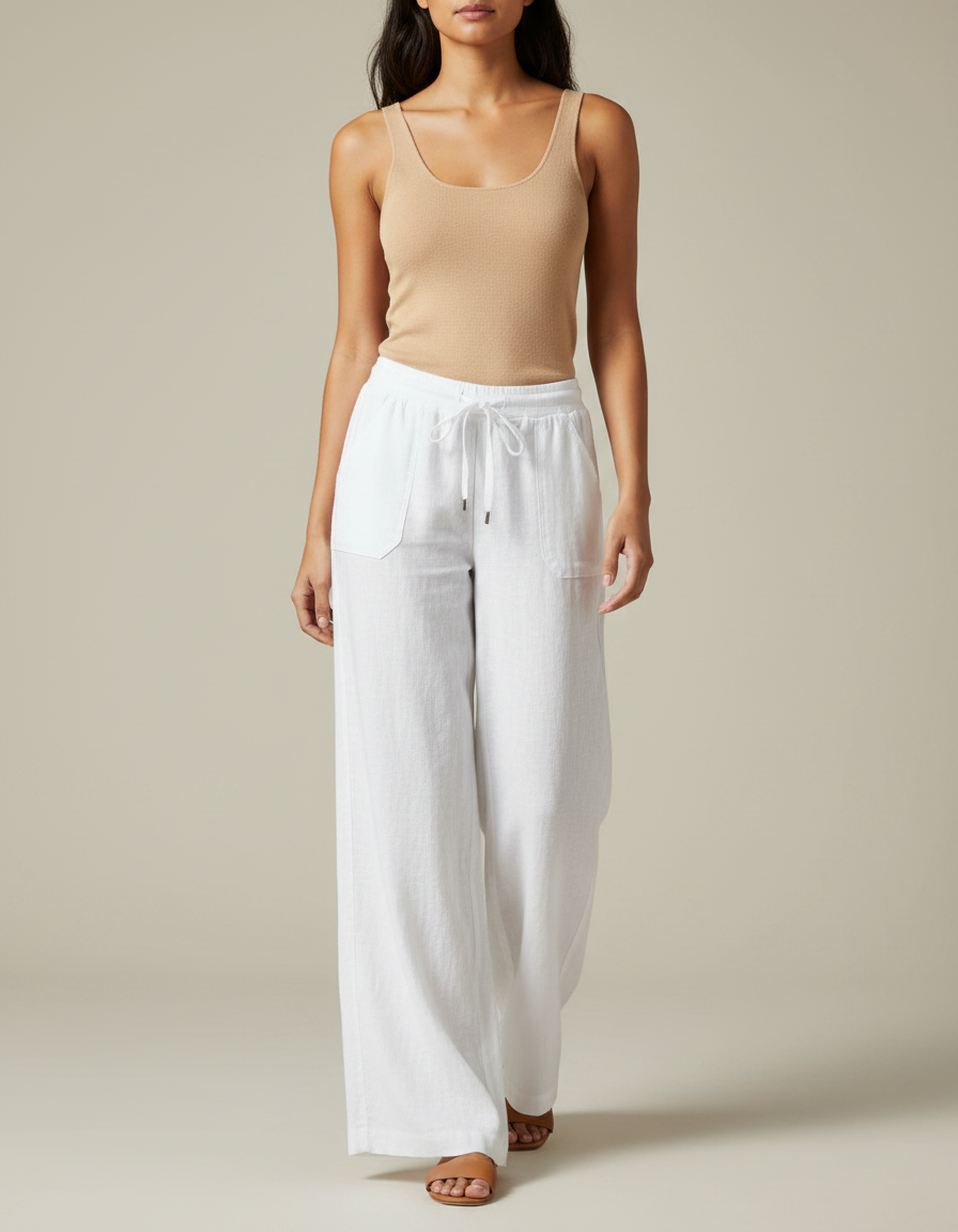 Pantalon Fluide Blanc Lin Ample Décontracté Confortable
