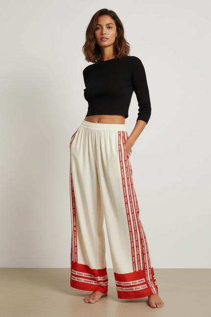 Pantalon Fluide Écru Ample Rayures Rouges Imprimées Décontracté - Beige Viscose