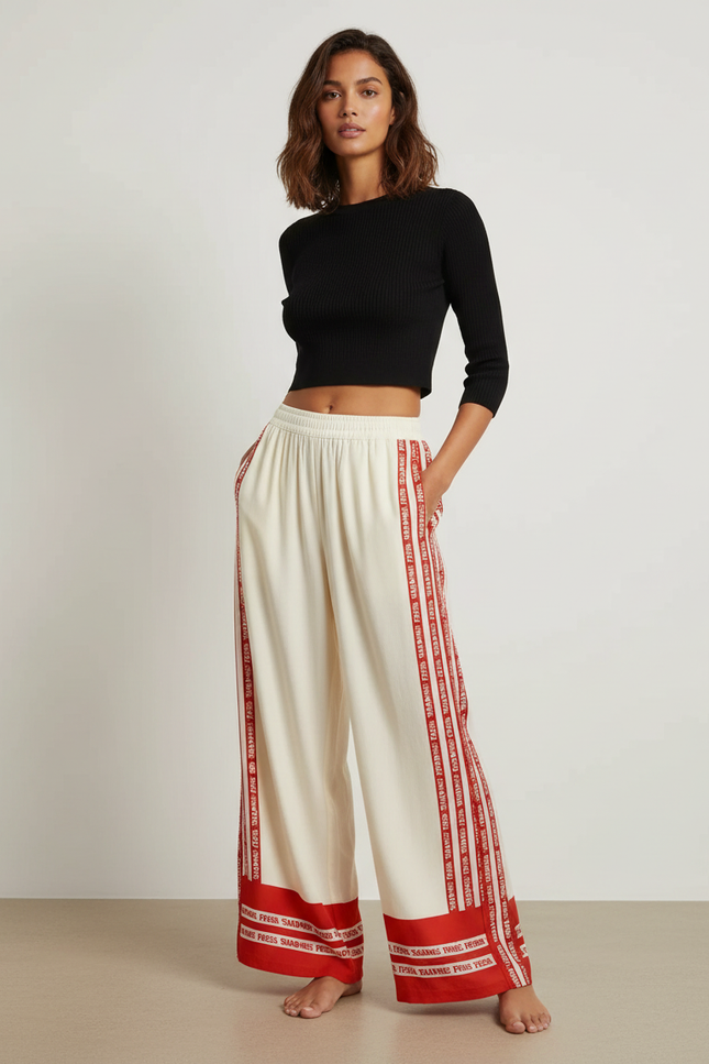 Pantalon Fluide Écru Ample Rayures Rouges Imprimées Décontracté - Beige Viscose