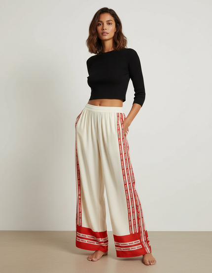 Pantalon Fluide Écru Ample Rayures Rouges Imprimées Décontracté - Beige Viscose