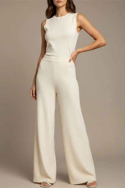 Pantalon Fluide Écru Maille Large Confortable Femme - Beige