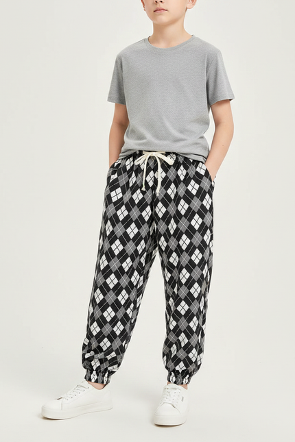 Pantalon Fluide Argyle Carreaux Noir Blanc Ample - Multicolore Viscose