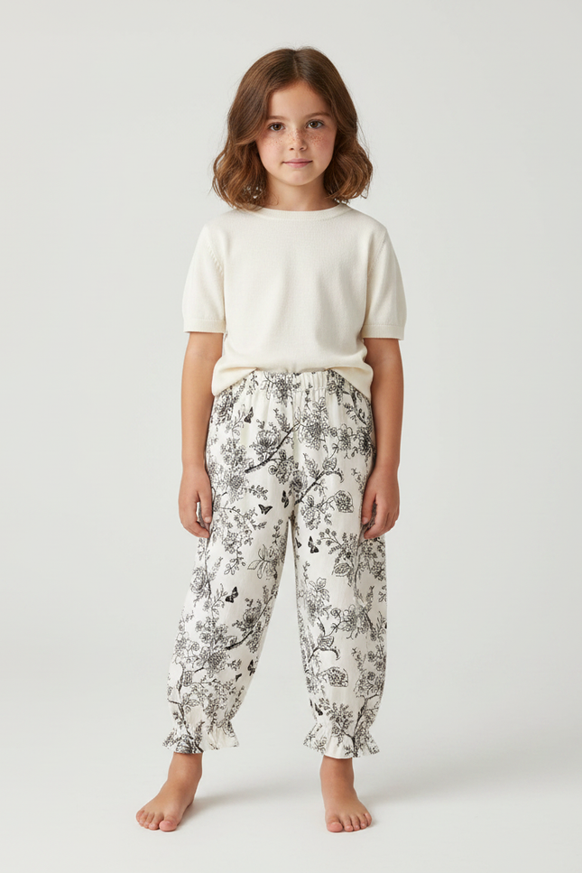 Pantalon Fluide Écru Ample Imprimé Floral Papillons - Lin