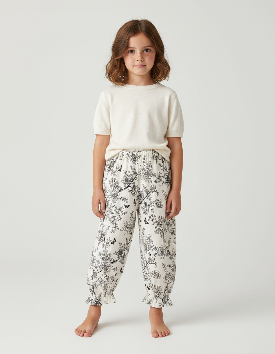 Pantalon Fluide Écru Ample Imprimé Floral Papillons - Lin