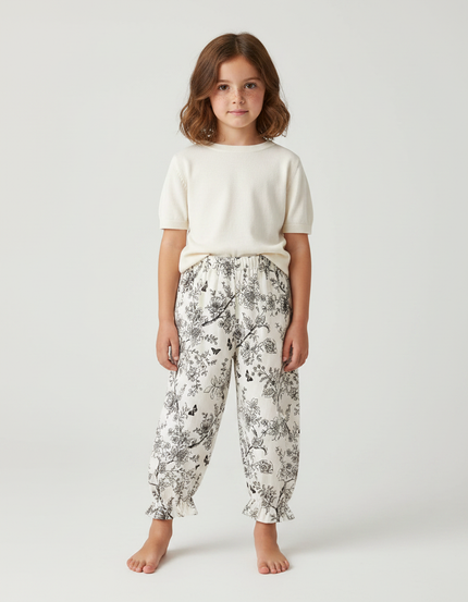 Pantalon Fluide Écru Ample Imprimé Floral Papillons - Lin