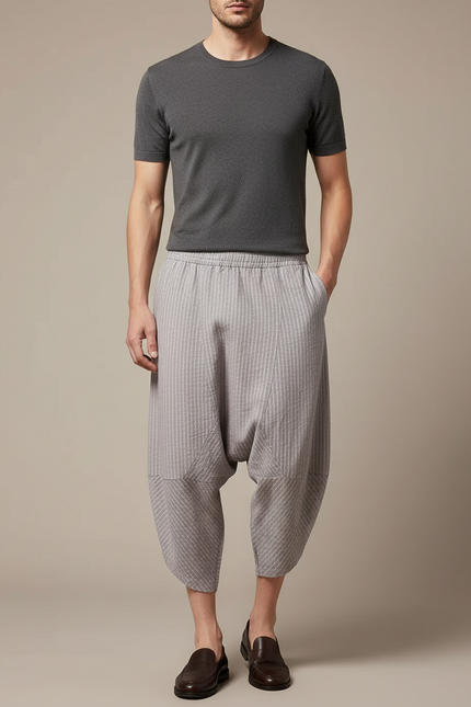 Pantalon Fluide Gris Rayé Ample Coton Harem