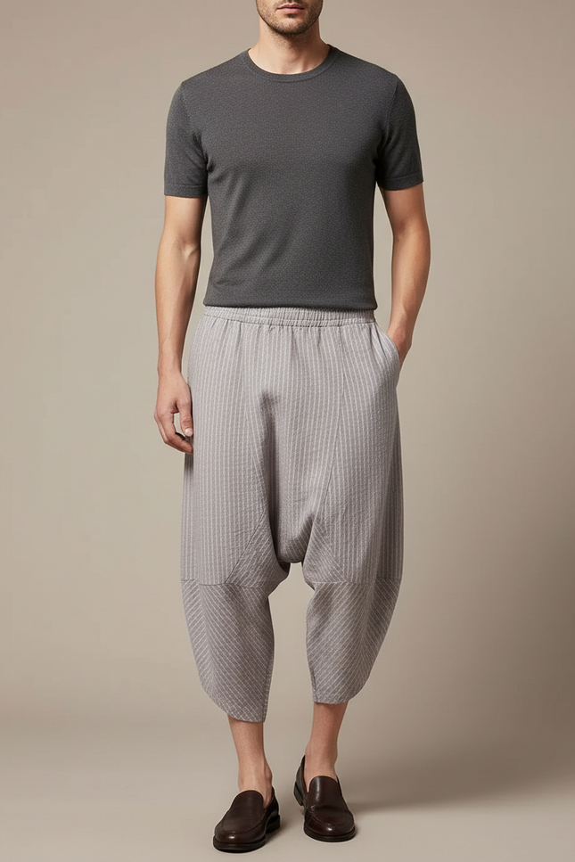 Pantalon Fluide Gris Rayé Ample Coton Harem
