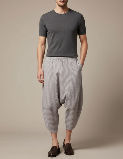 Pantalon Fluide Gris Rayé Ample Coton Harem