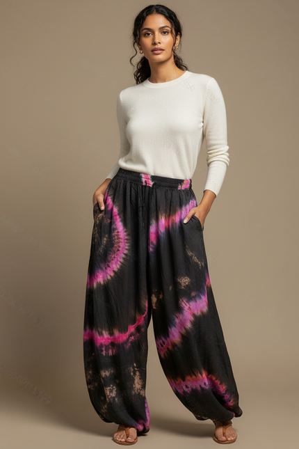 Pantalon Fluide Noir Tie-Dye Ample Confortable Bohème - Viscose
