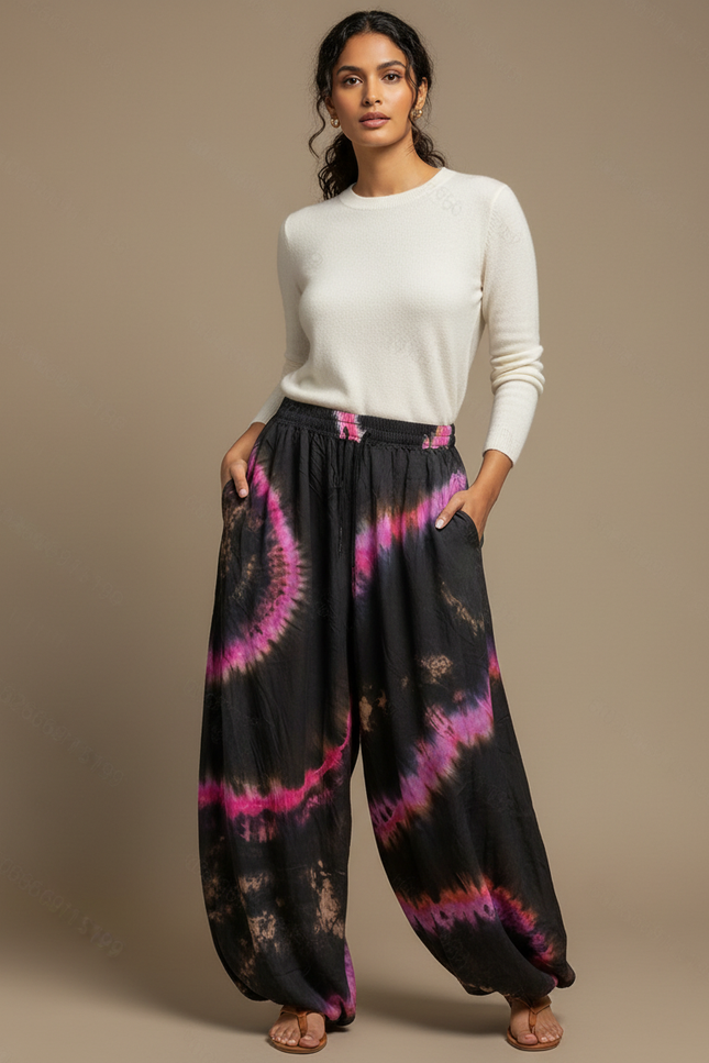 Pantalon Fluide Noir Tie-Dye Ample Confortable Bohème - Viscose
