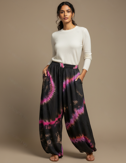 Pantalon Fluide Noir Tie-Dye Ample Confortable Bohème - Viscose