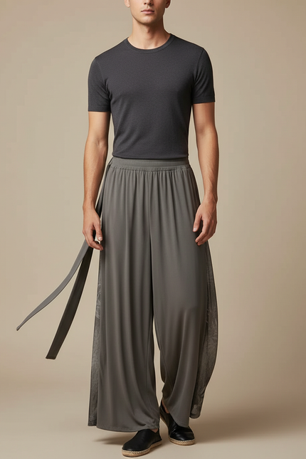 Pantalon Fluide Gris Ample Maille Ceinture Homme