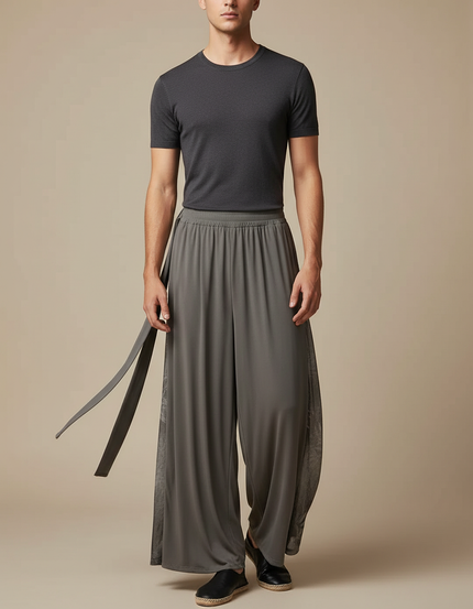 Pantalon Fluide Gris Ample Maille Ceinture Homme