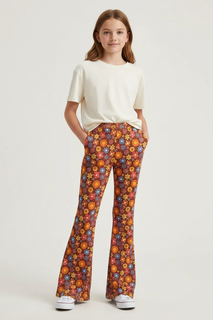 Pantalon Fluide Marron Floral Évasé Confortable Bohème - Maille