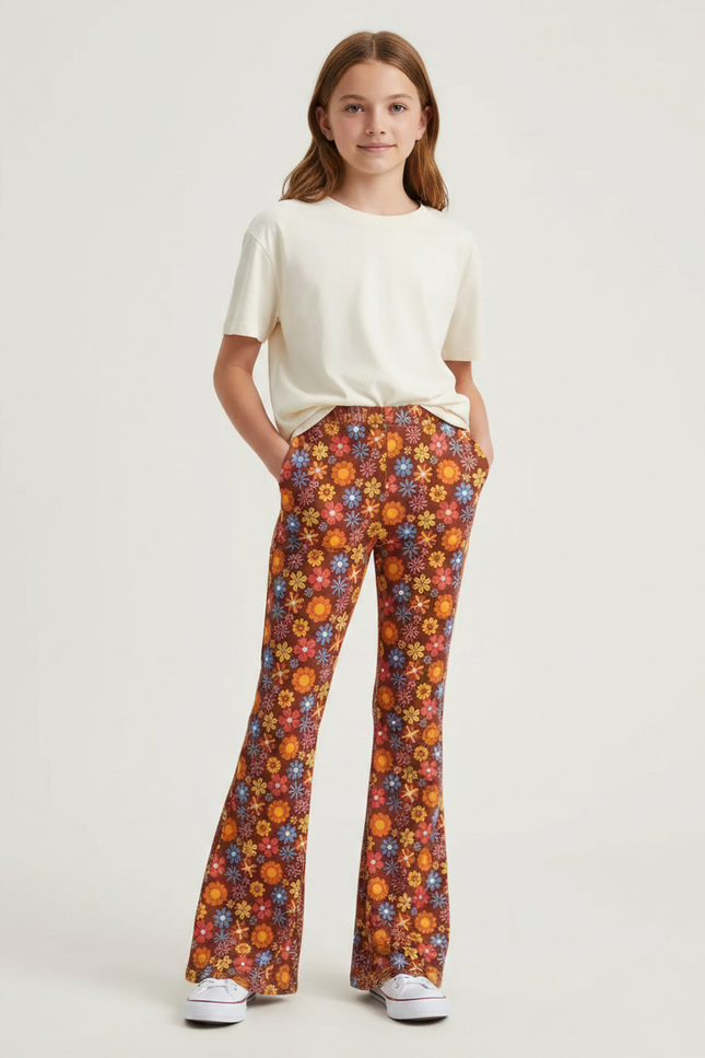Pantalon Fluide Marron Floral Évasé Confortable Bohème - Maille