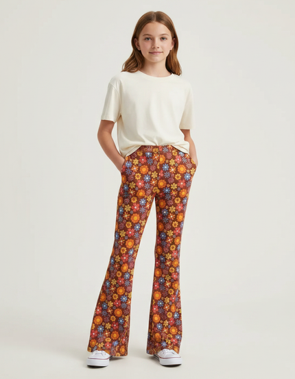 Pantalon Fluide Marron Floral Évasé Confortable Bohème - Maille