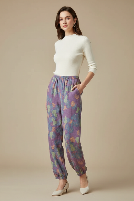 Pantalon Fluide Violet Ample Coton Imprimé Feuille Femme