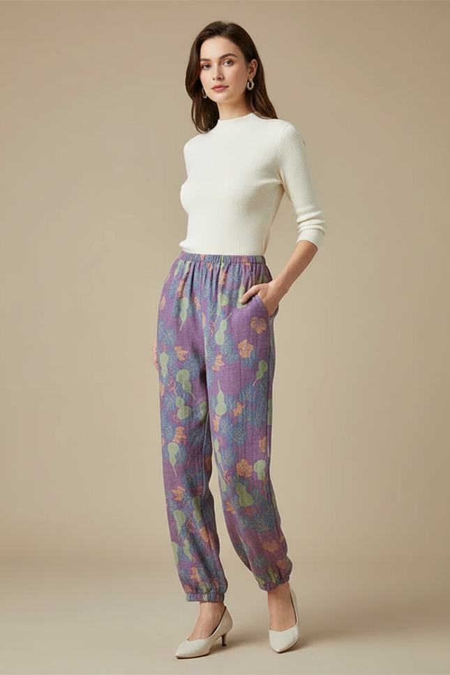 Pantalon Fluide Violet Ample Coton Imprimé Feuille Femme