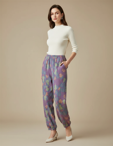 Pantalon Fluide Violet Ample Coton Imprimé Feuille Femme