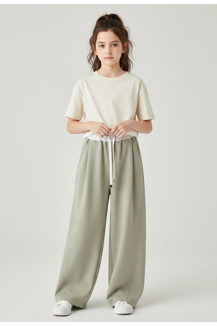 Pantalon Fluide Vert Ample Décontracté Enfant - Kaki Molleton