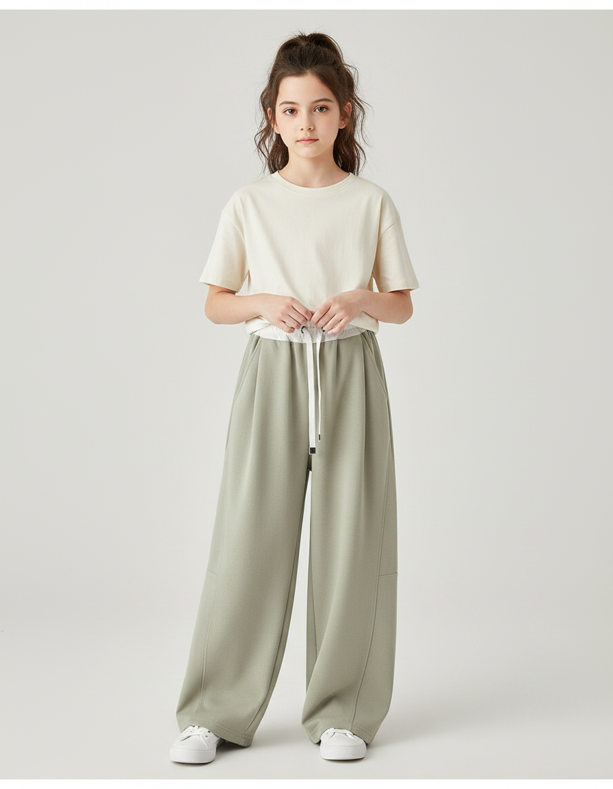 Pantalon Fluide Vert Ample Décontracté Enfant - Kaki Molleton