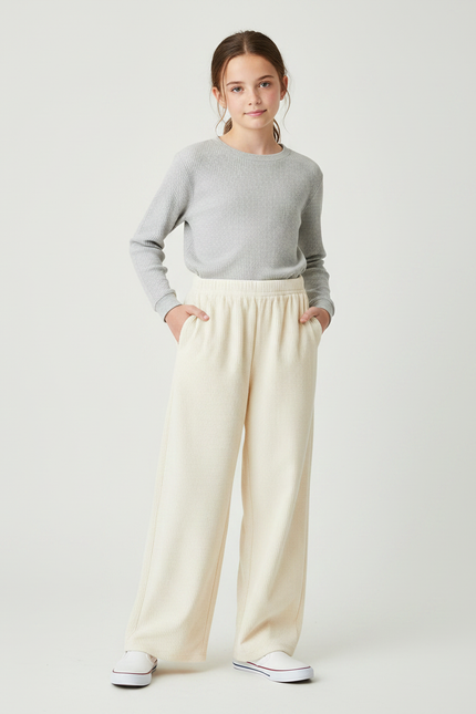 Pantalon Fluide Crème Côtelé Ample Décontracté Enfant - Beige Cordé