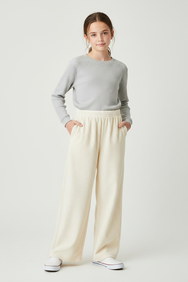 Pantalon Fluide Crème Côtelé Ample Décontracté Enfant - Beige Cordé