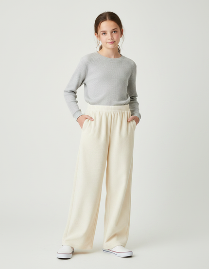 Pantalon Fluide Crème Côtelé Ample Décontracté Enfant - Beige Cordé