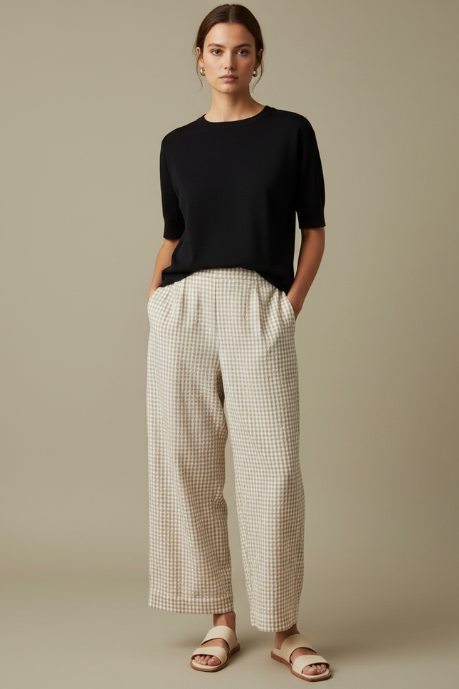 Pantalon Fluide Carreaux Vichy Ample Beige Confortable - Lin