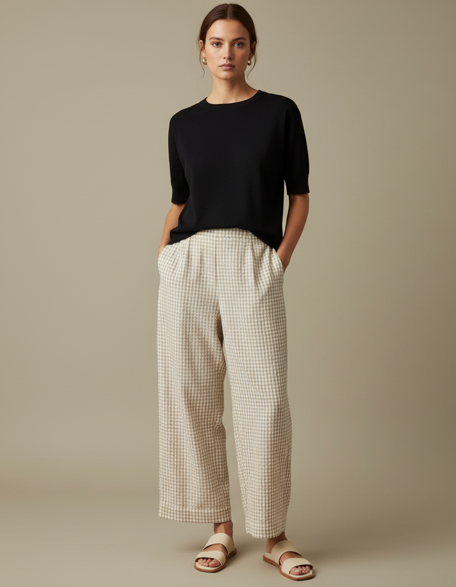 Pantalon Fluide Carreaux Vichy Ample Beige Confortable - Lin