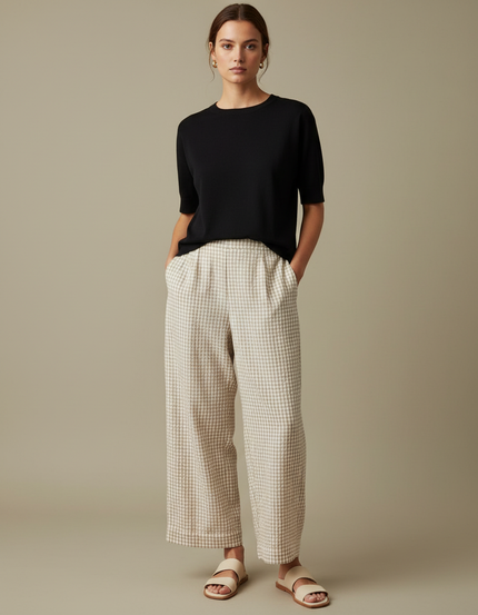 Pantalon Fluide Carreaux Vichy Ample Beige Confortable - Lin