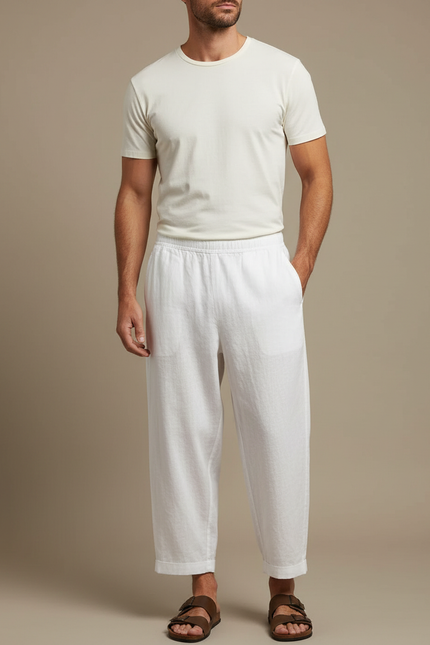 Pantalon Fluide Blanc Ample Décontracté Lin Homme
