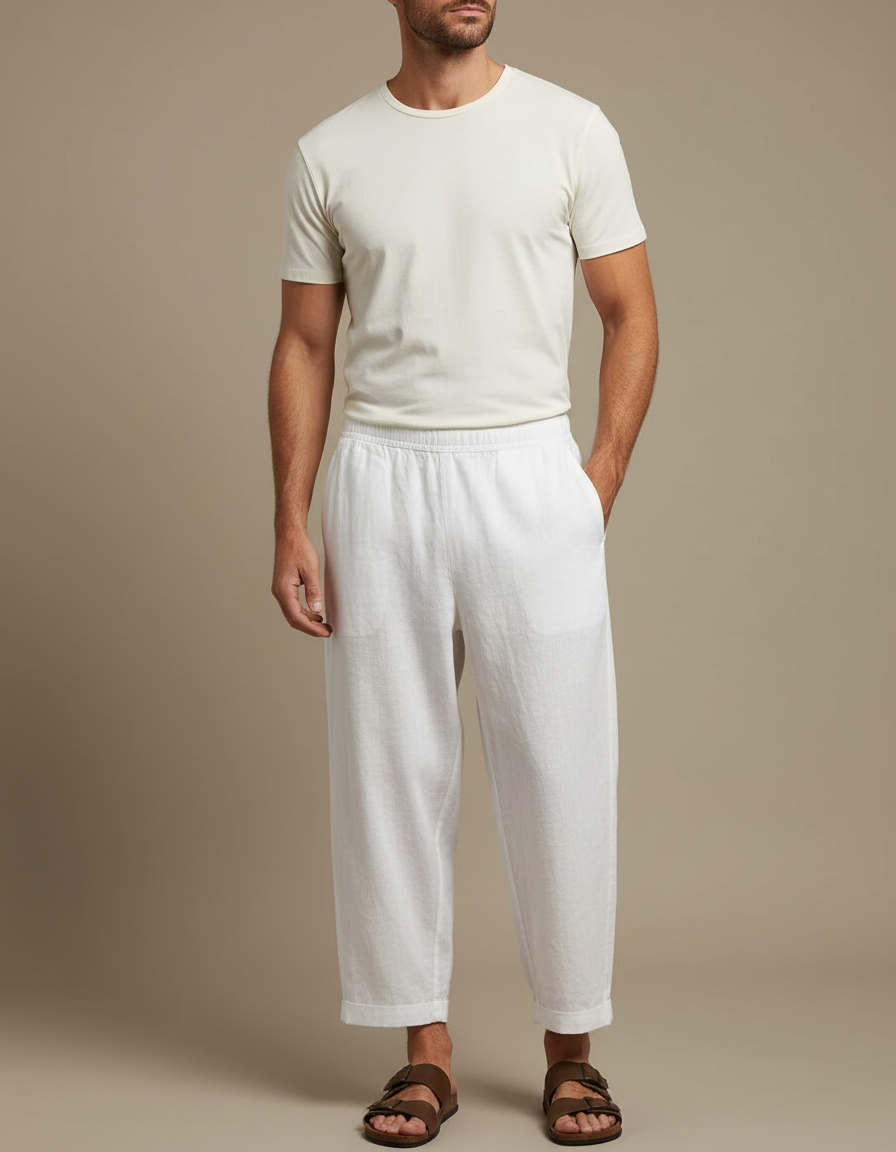 Pantalon Fluide Blanc Ample Décontracté Lin Homme